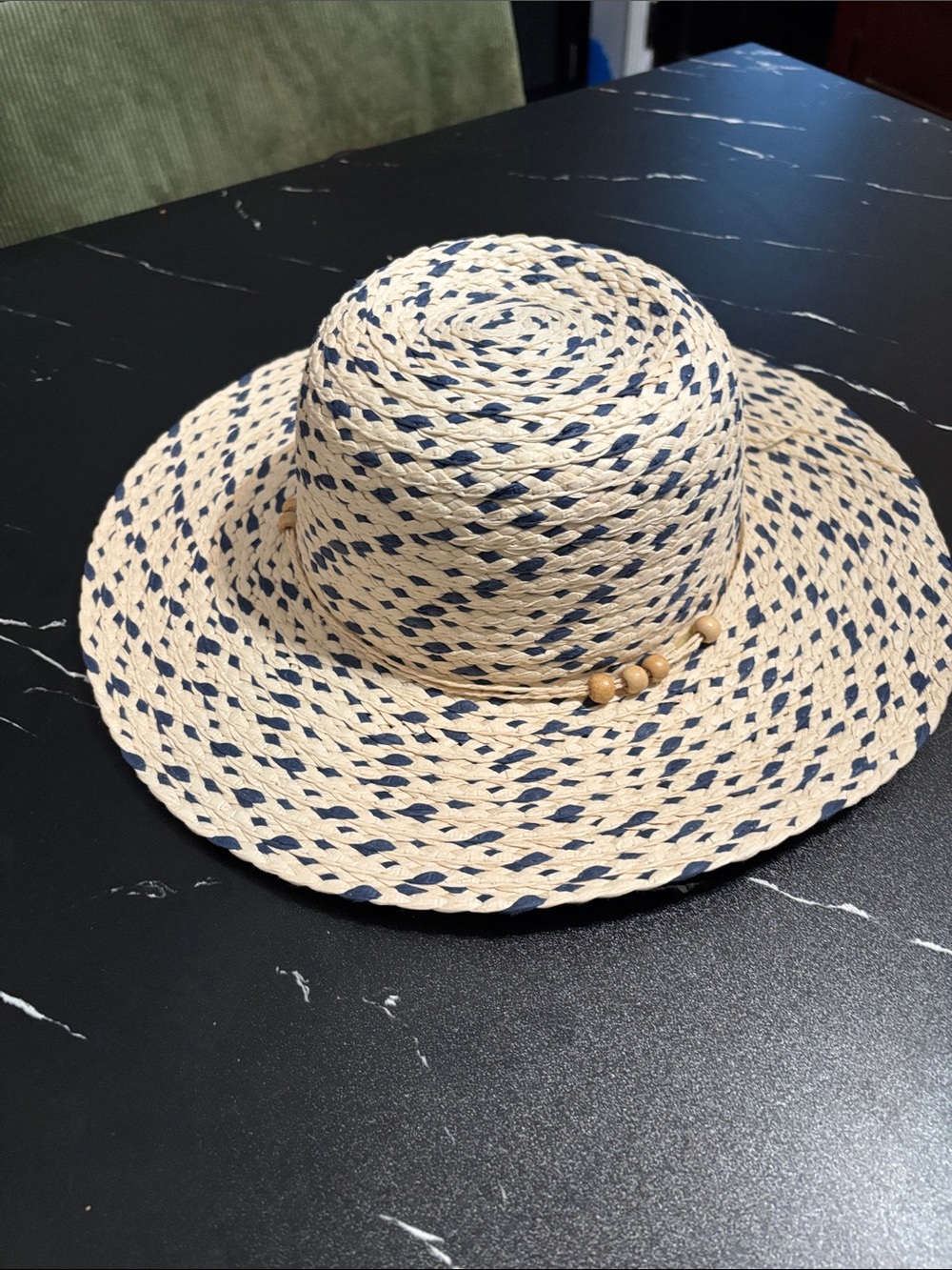 Karma Beige and Navy Braided Straw Sun Hat with Wooden Beads